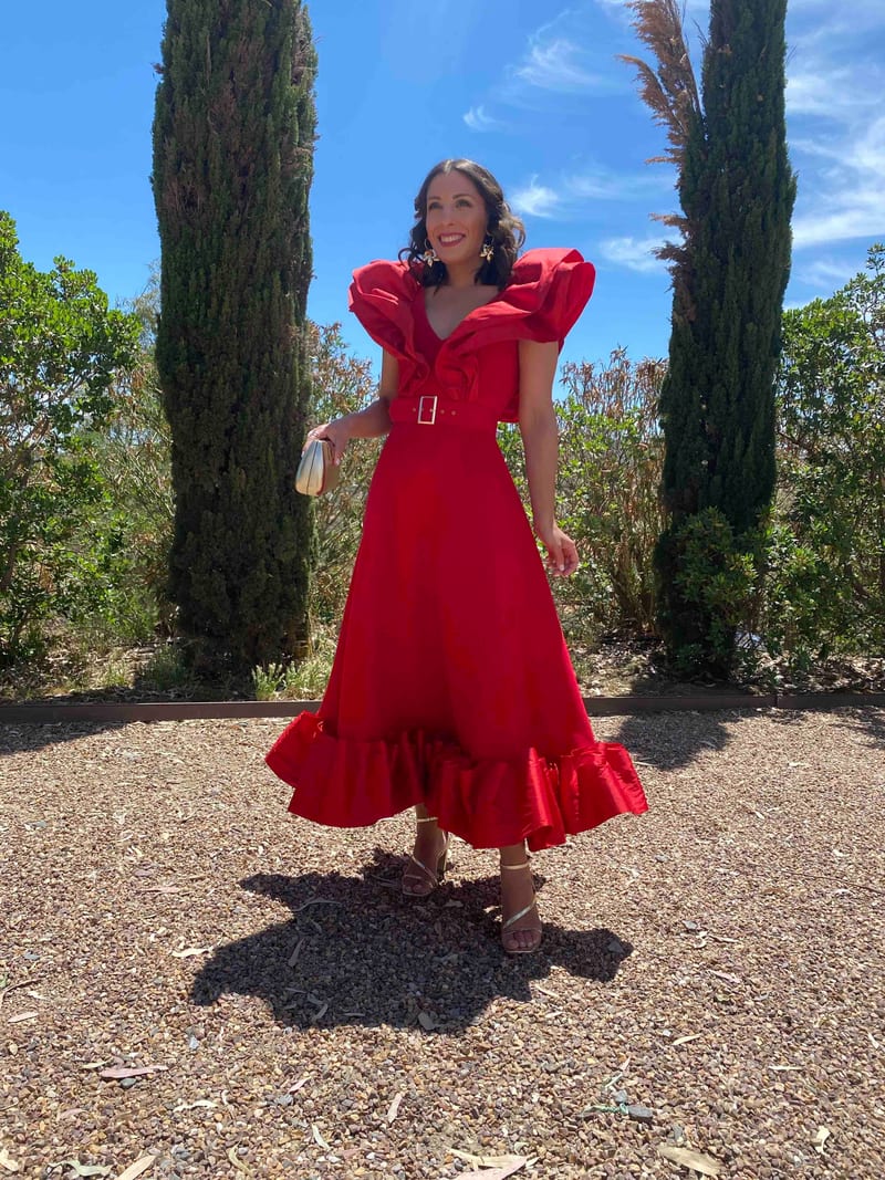 Alquilar Vestido midi rojo de Rocio Osorno, talla XS, en Jointy