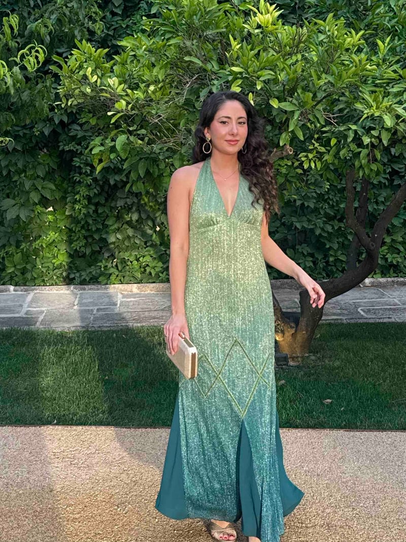 Vestido largo verde de lentejuelas con cuello halter - vestido de invitada para fiesta en Jointy
