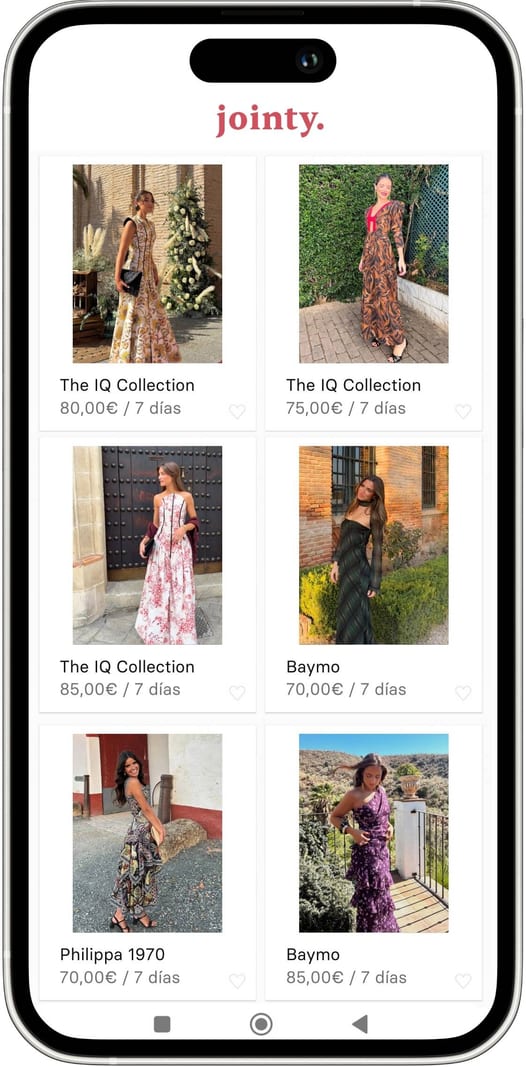 Captura de la app de Jointy con catálogo de vestidos de invitada para alquilar