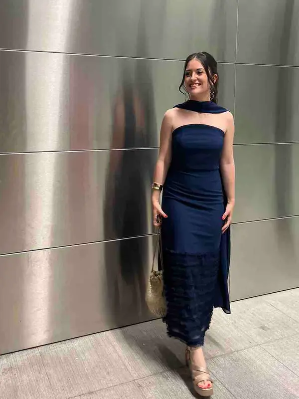 Alquilar Vestido palabra de honor azul marino de Cardié, talla XS, en Jointy